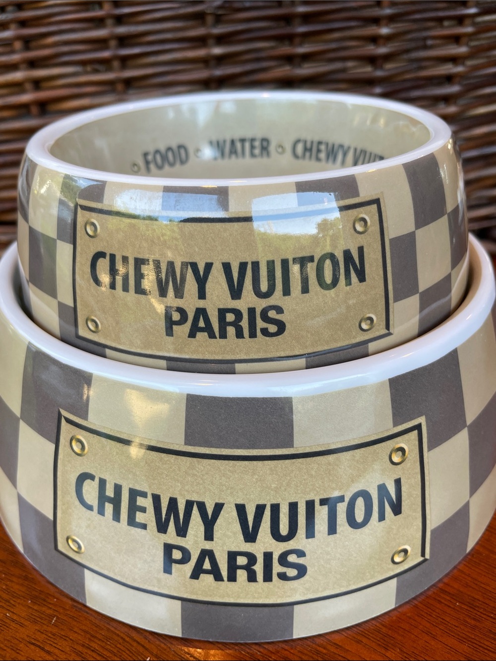 Chewy Vuiton dog bowls